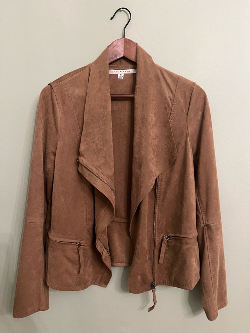 Max Studio Brown Faux Suede Draped Front Jacket